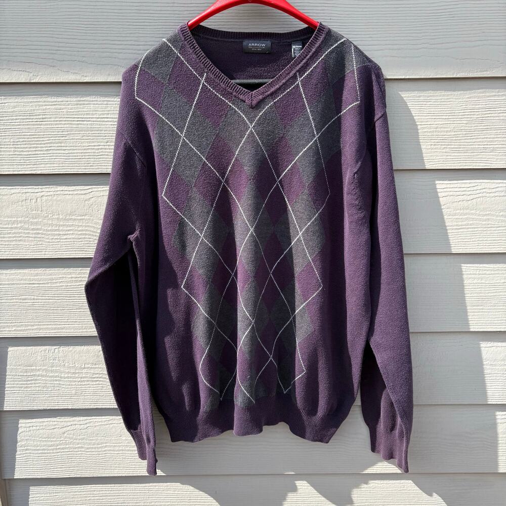Vintage Arrow Argyle V Neck Sweater Purple Gray Size Large